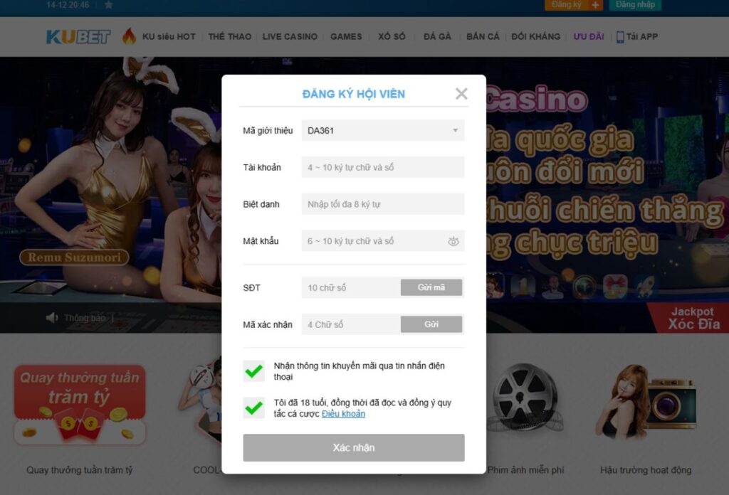 6 Nhập đầy đủ thông tin theo yêu cầu và sử dụng mã xác minh 361 để nhận 2.000.000 VND ưu đãi trong toàn bộ casino trong tháng đầu tiên. Áp dụng trên website chính thức của Kubet được chứng nhận bởi PAGCOR tại Việt Nam